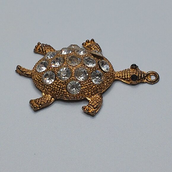 Golden Turtle Pendant, gold color, white rhinestone, shiny crystals details - Picture 2 of 8